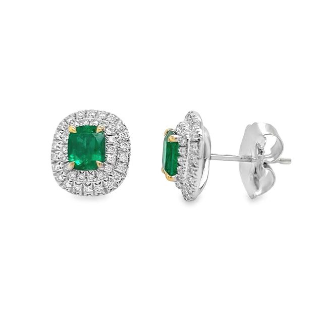 Elongated Cushion Cut Emerald Studs with Double Diamond Halo