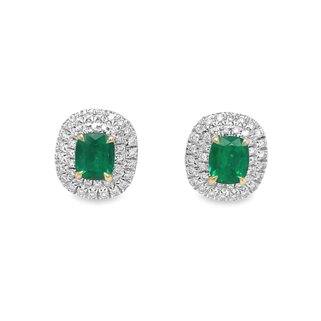 Elongated Cushion Cut Emerald Studs with Double Diamond Halo