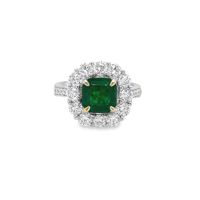 Square Emerald Ring with Diamond Halo