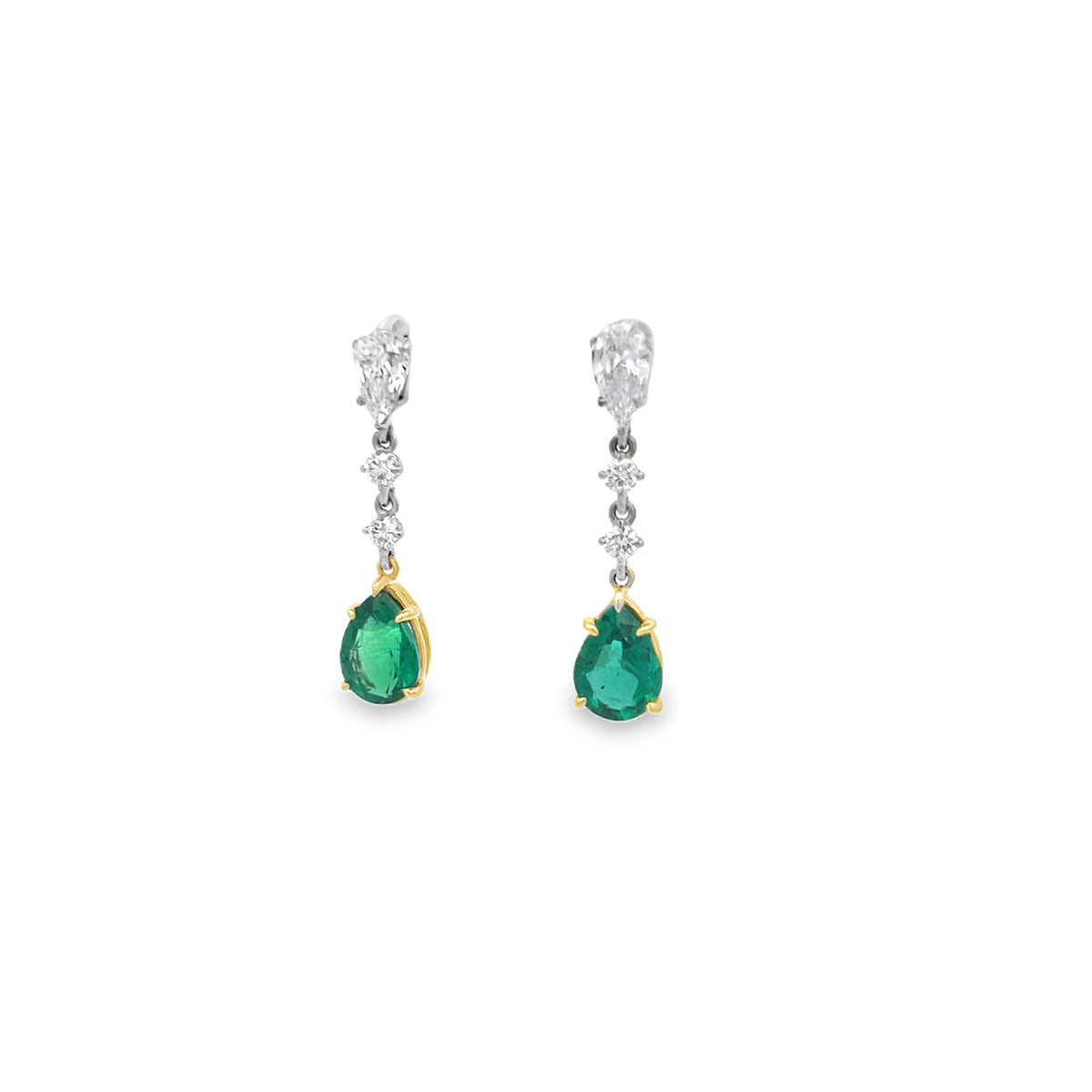 Emerald and Diamond Pear Shape Dangle Earrings