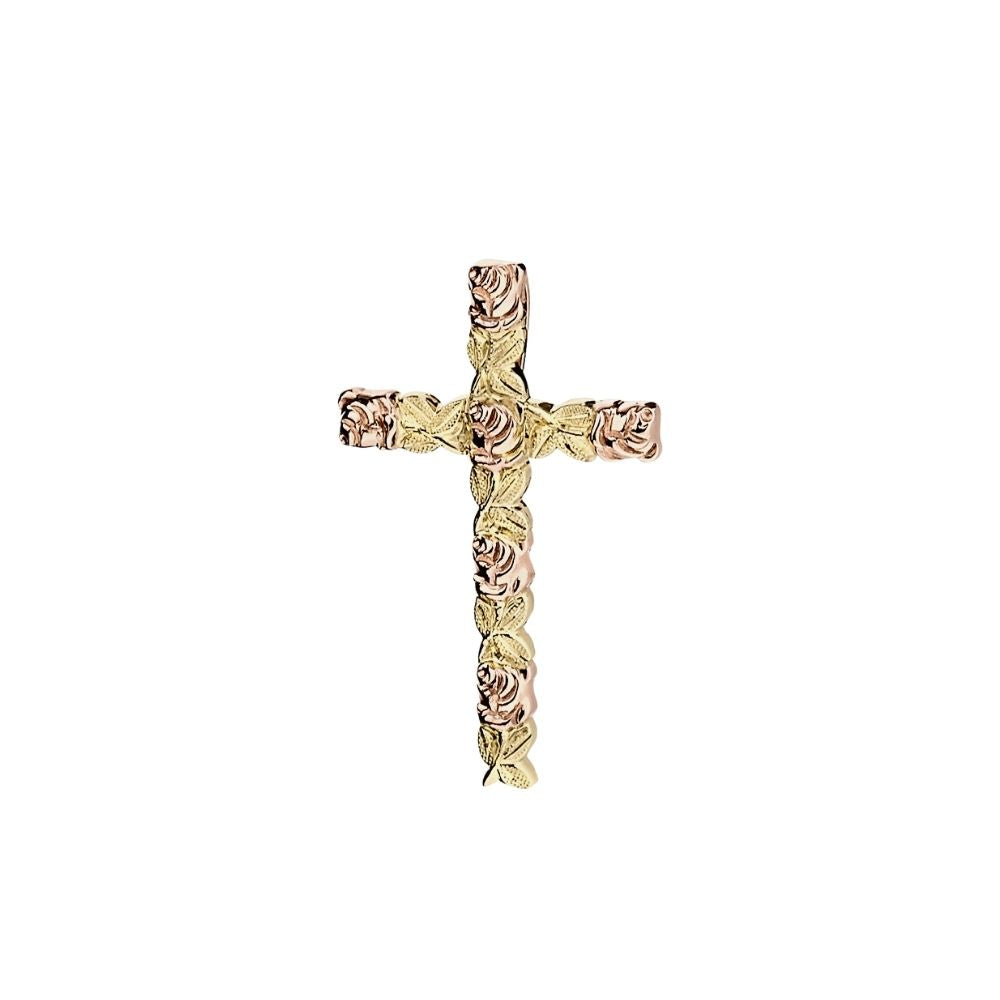 Pink and Green Gold Carved Cross with Sculpted Roses and Leaves