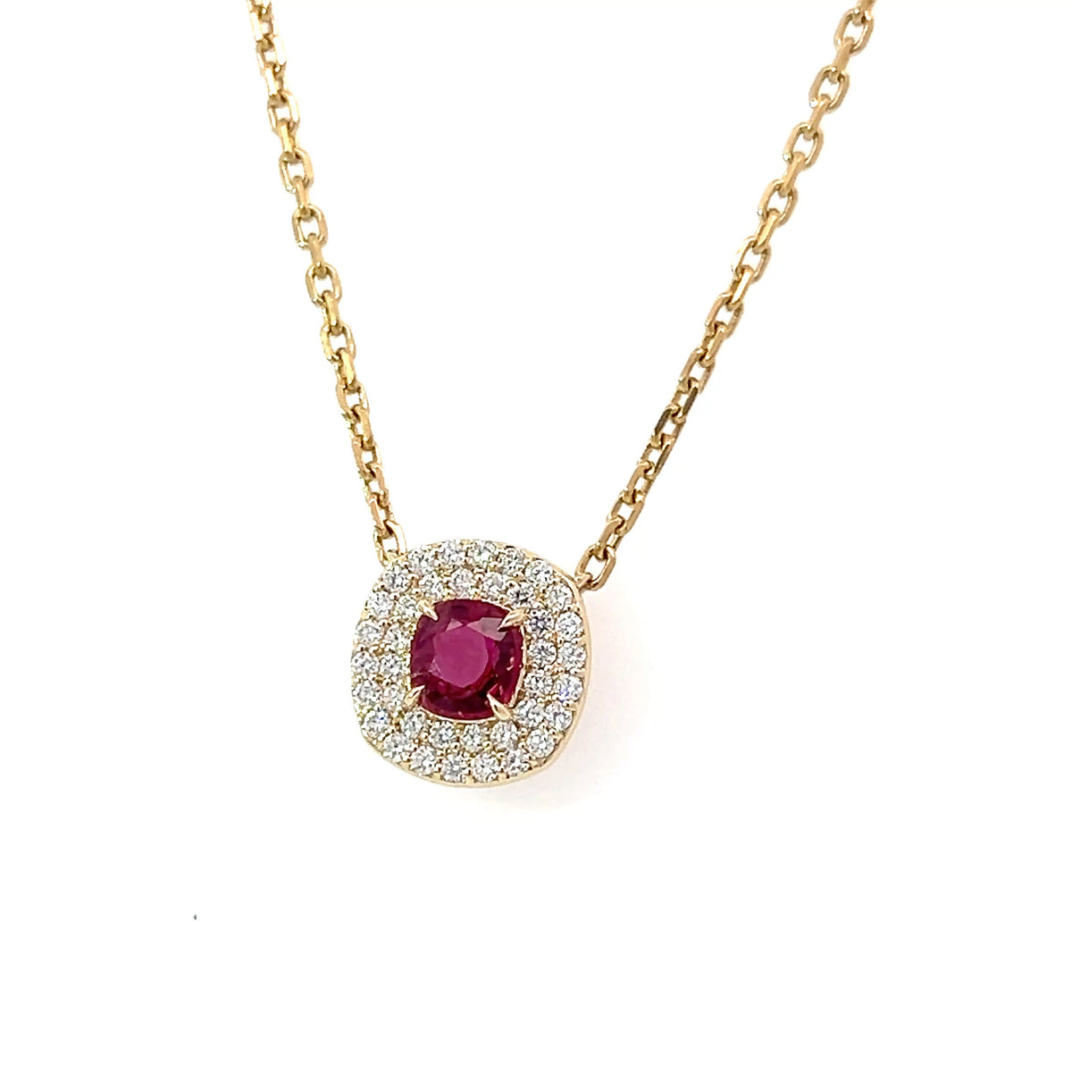 Ruby Necklace with Double Diamond Halo