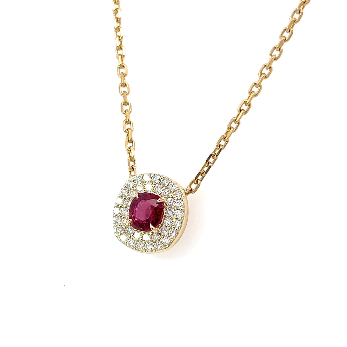 Ruby Necklace with Double Diamond Halo