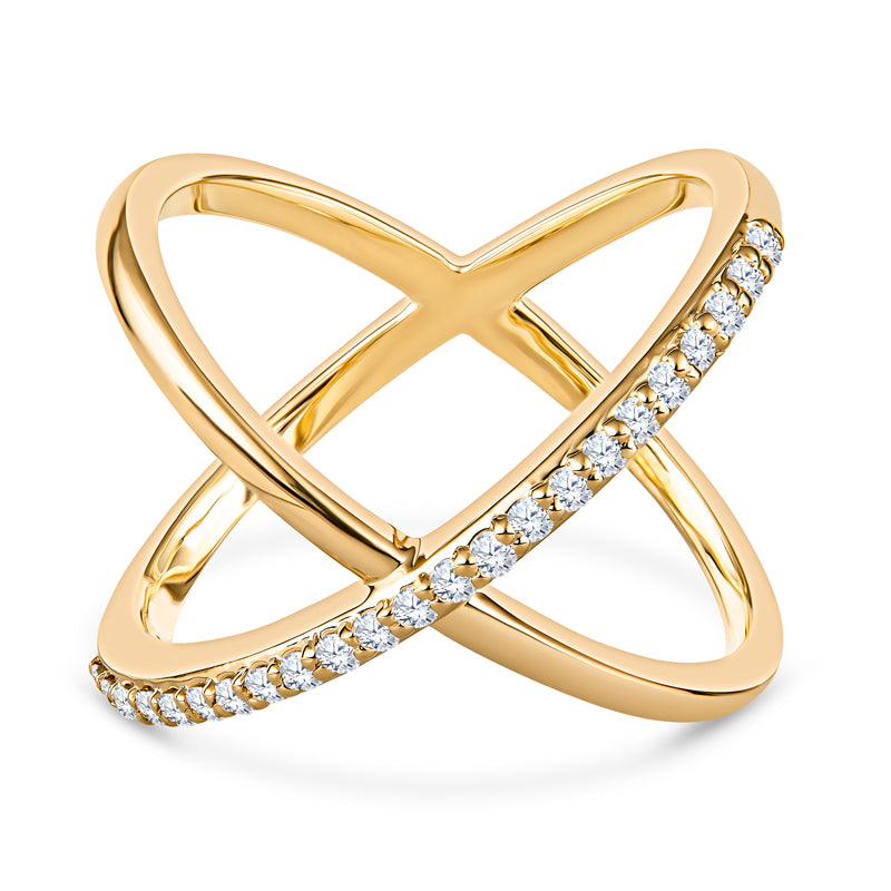 Yellow Gold X Ring with Diamonds