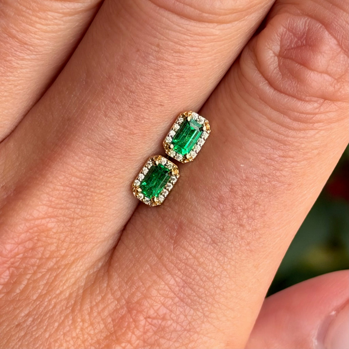 Emerald Studs with Diamond Halo