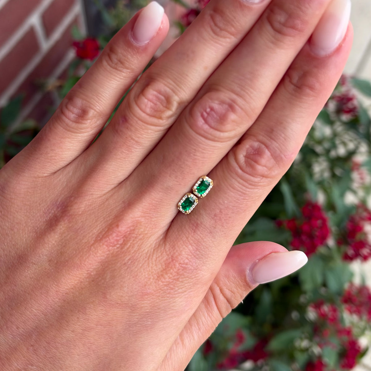 Emerald Studs with Diamond Halo