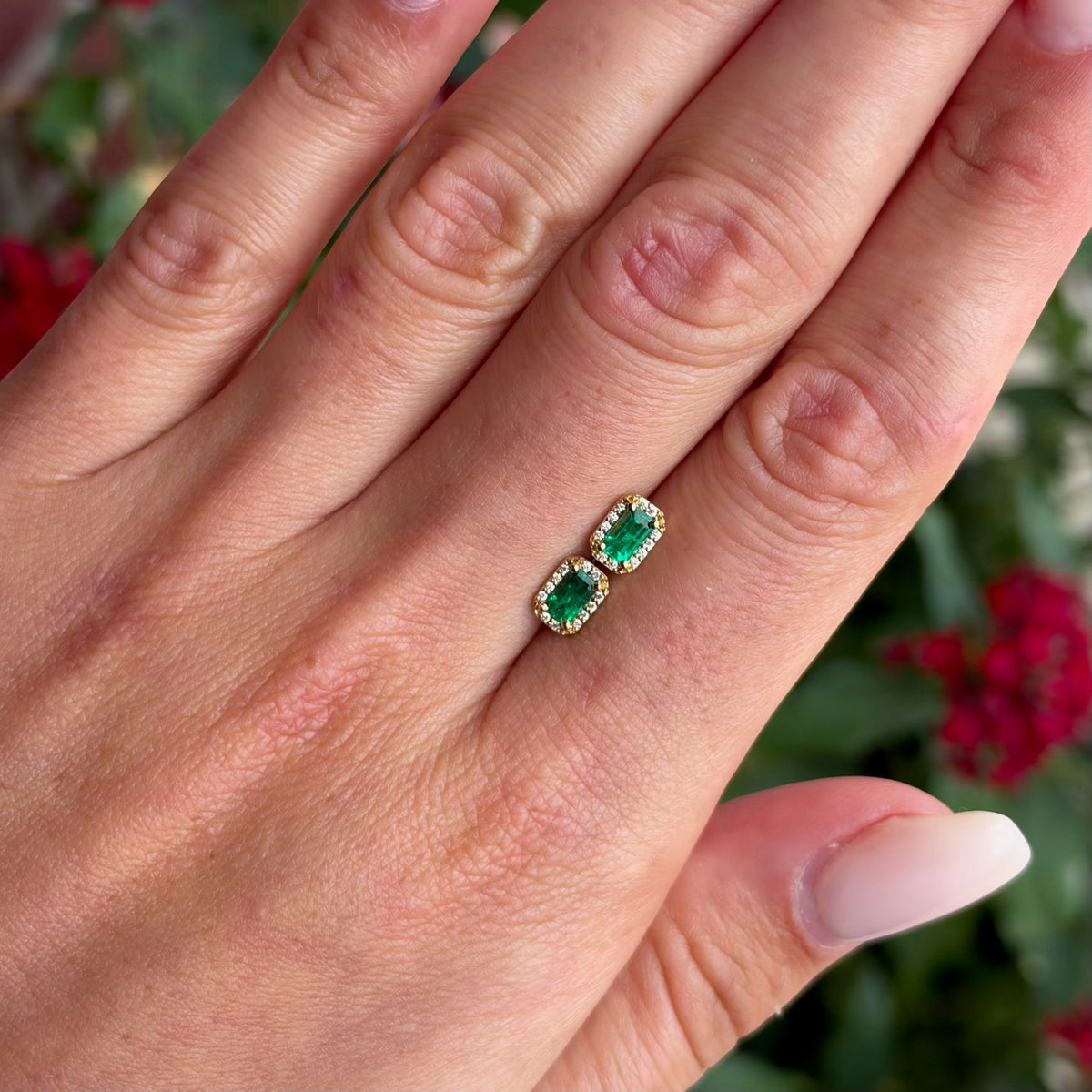 Emerald Studs with Diamond Halo