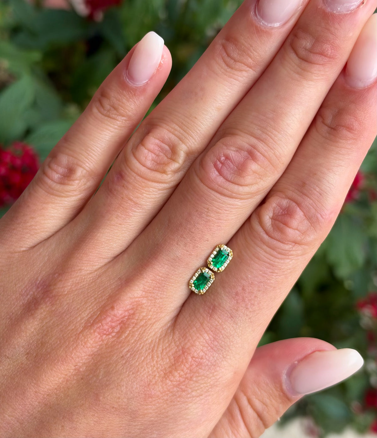 Emerald Studs with Diamond Halo