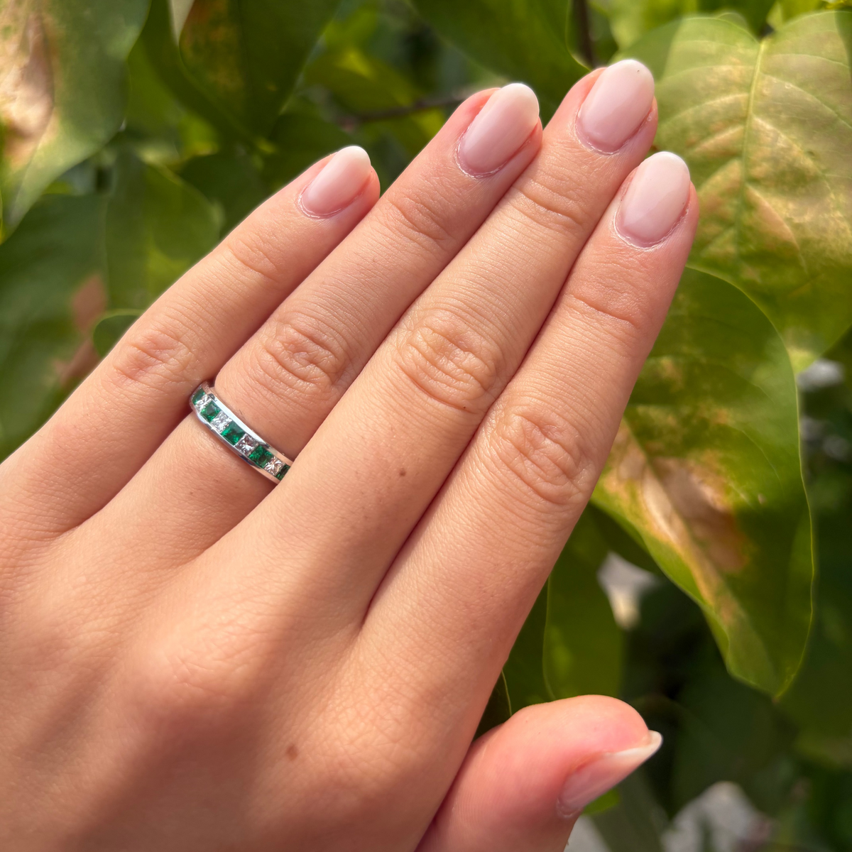 Princess Cut Emerald and Diamond Band