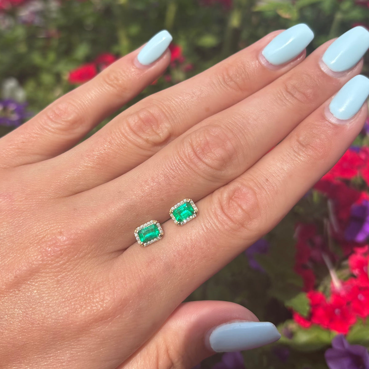 Emerald Cut Emerald Studs with Diamond Halo