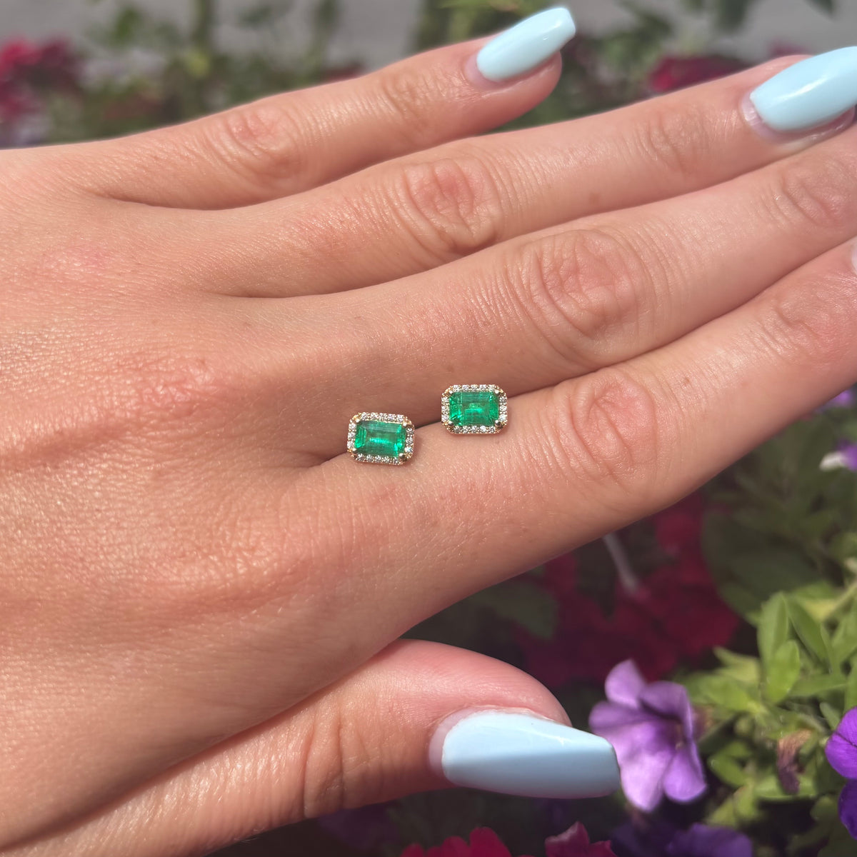 Emerald Cut Emerald Studs with Diamond Halo