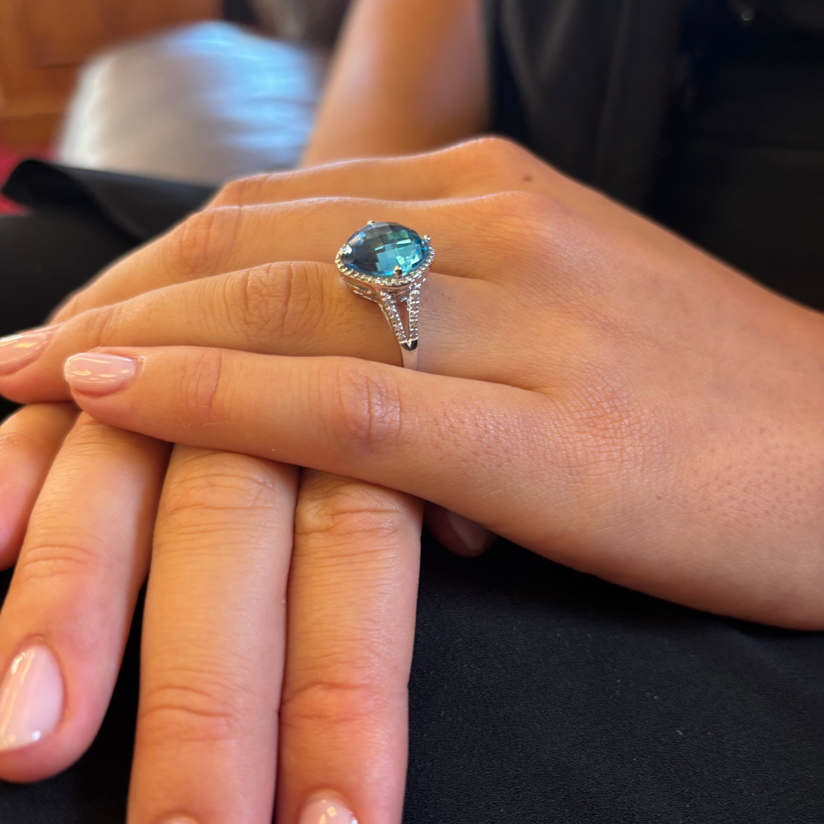 Blue Topaz Ring with Diamond Halo
