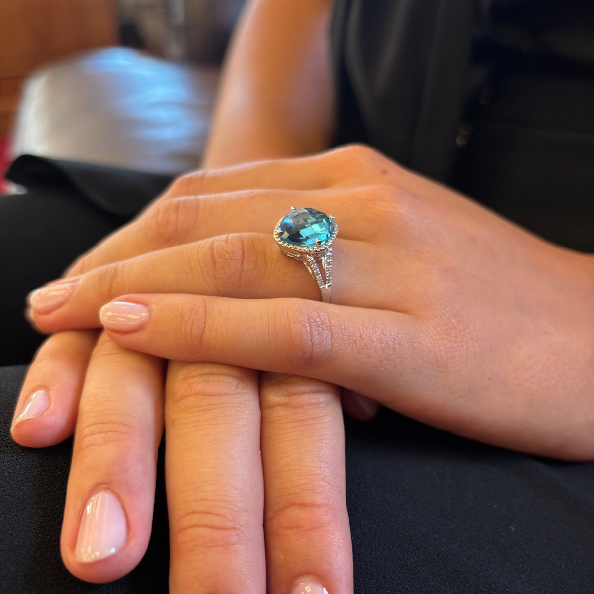 Blue Topaz Ring with Diamond Halo