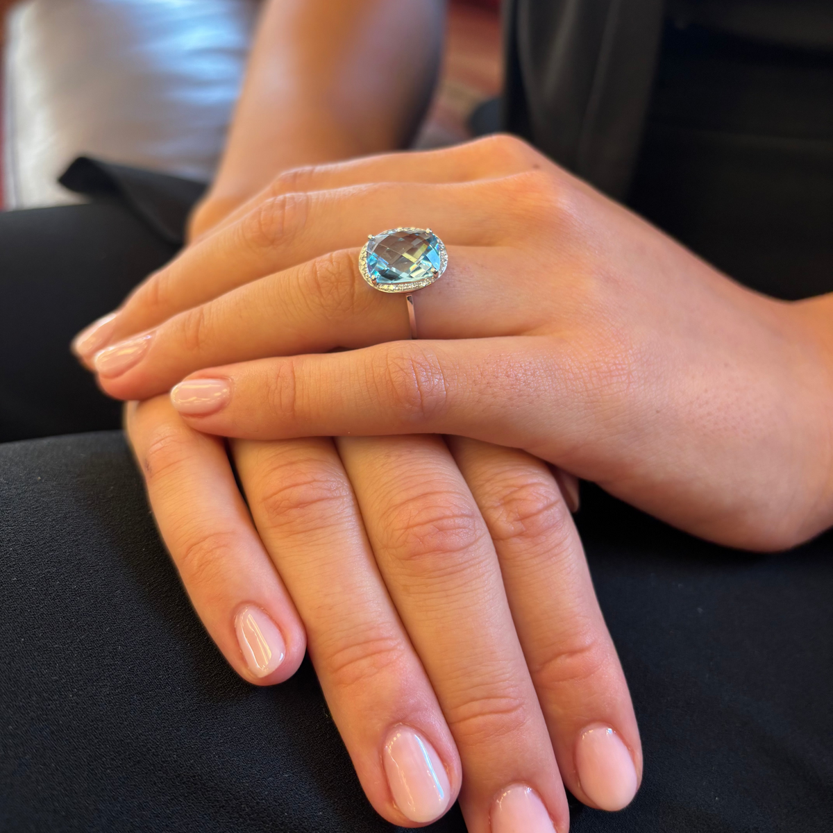 Blue Topaz Ring with Diamond Halo