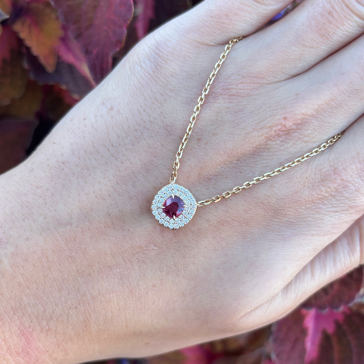 Ruby Necklace with Double Diamond Halo
