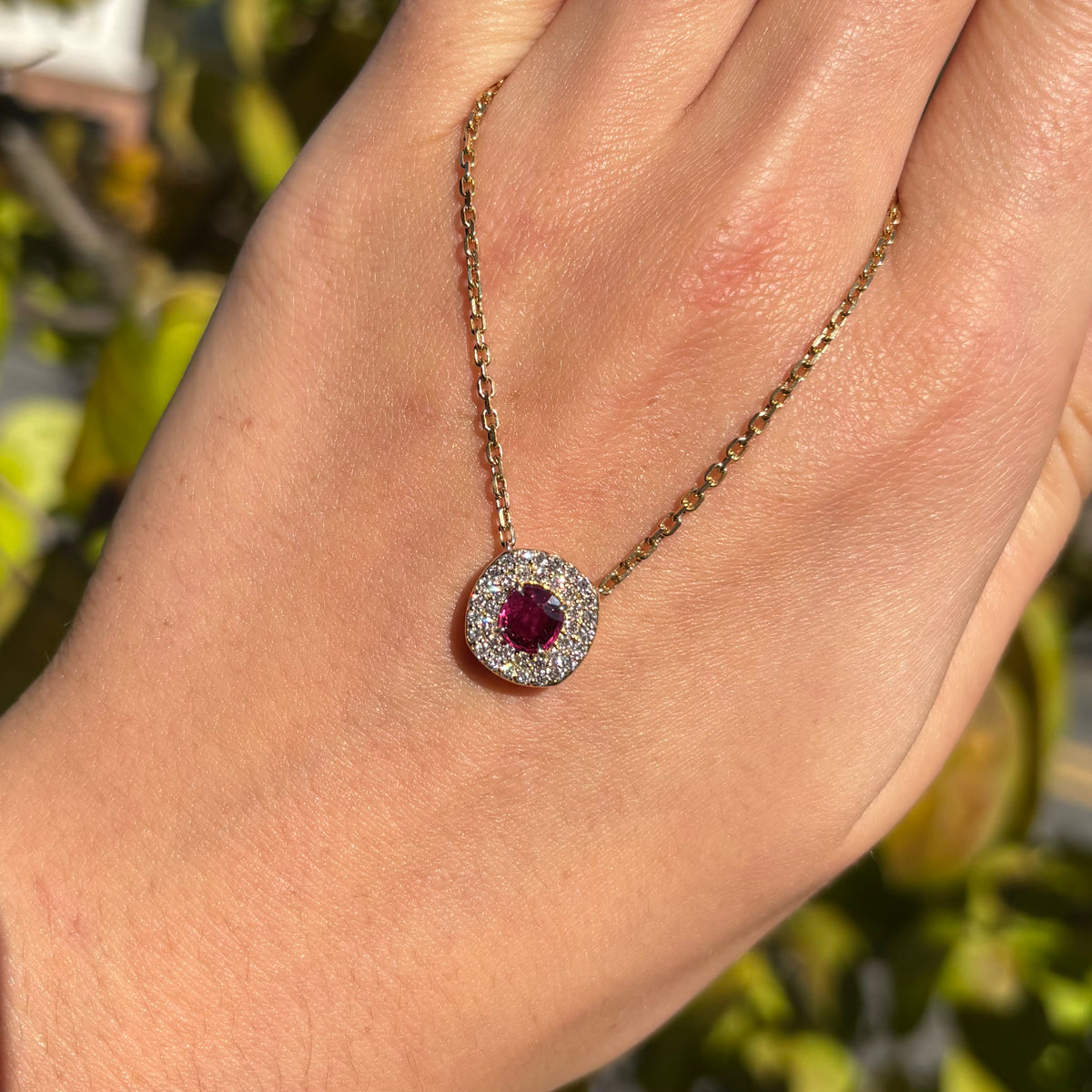 Ruby Necklace with Double Diamond Halo