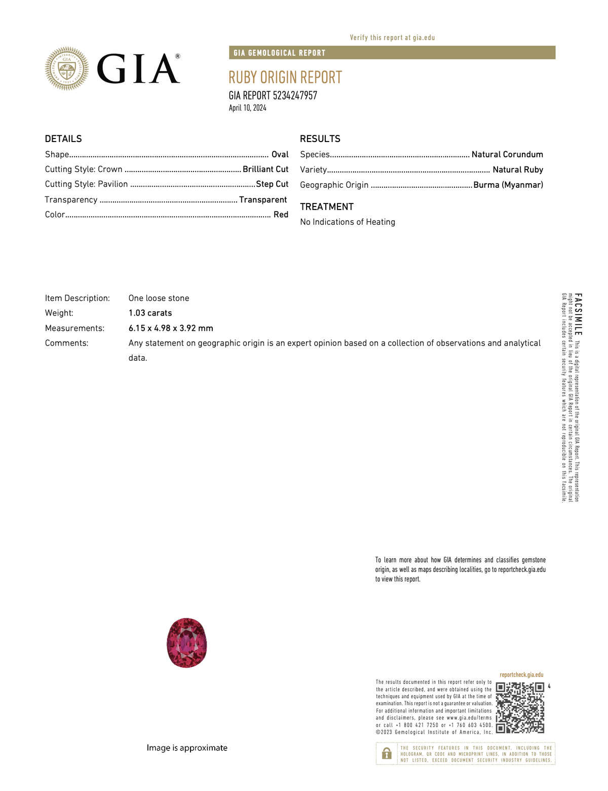 GIA Certified No Heat Burma Ruby