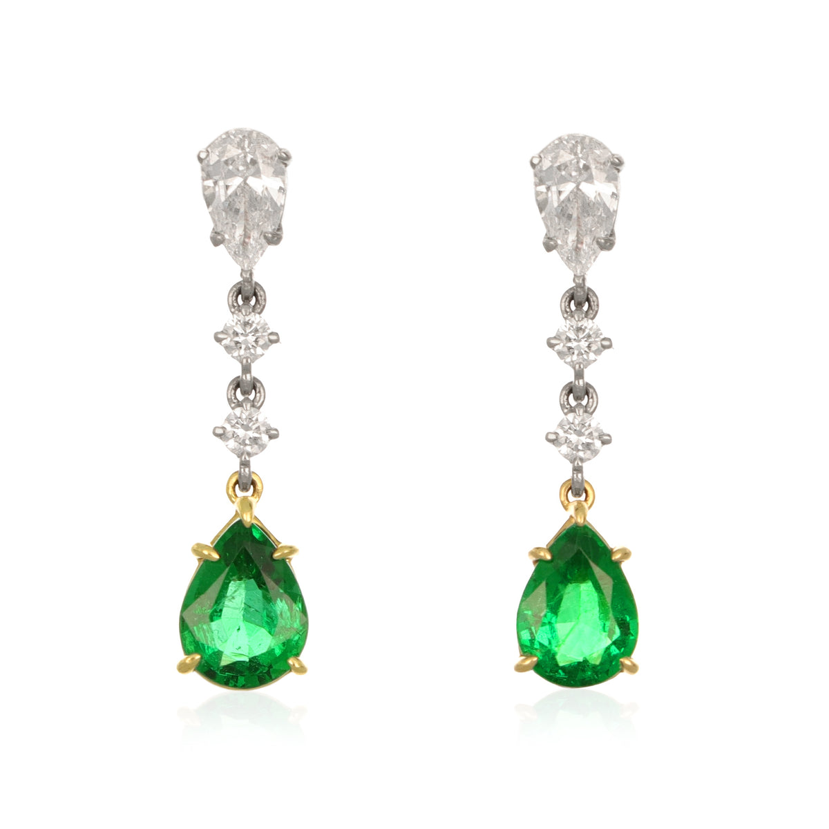 Emerald and Diamond Pear Shape Dangle Earrings