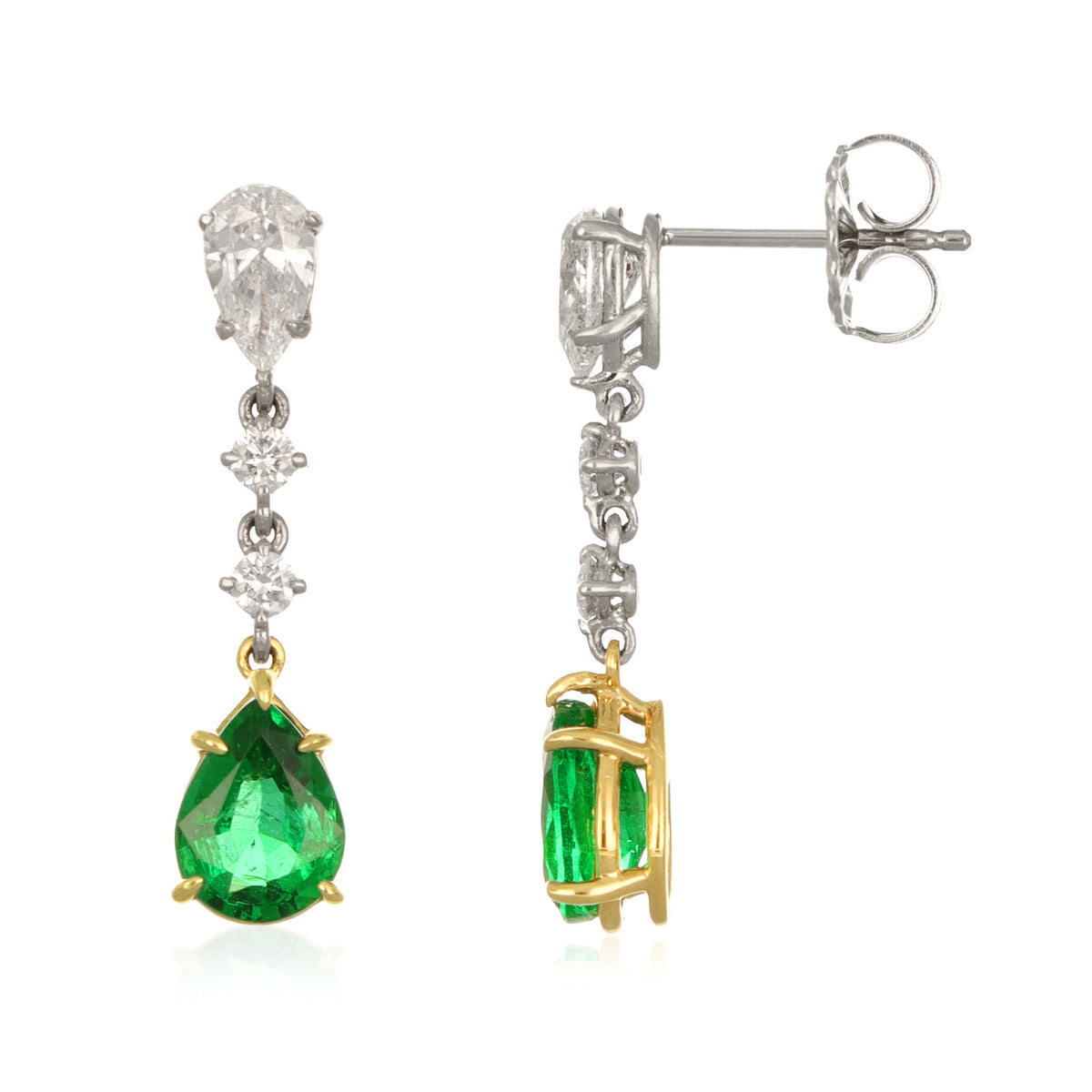 Emerald and Diamond Pear Shape Dangle Earrings