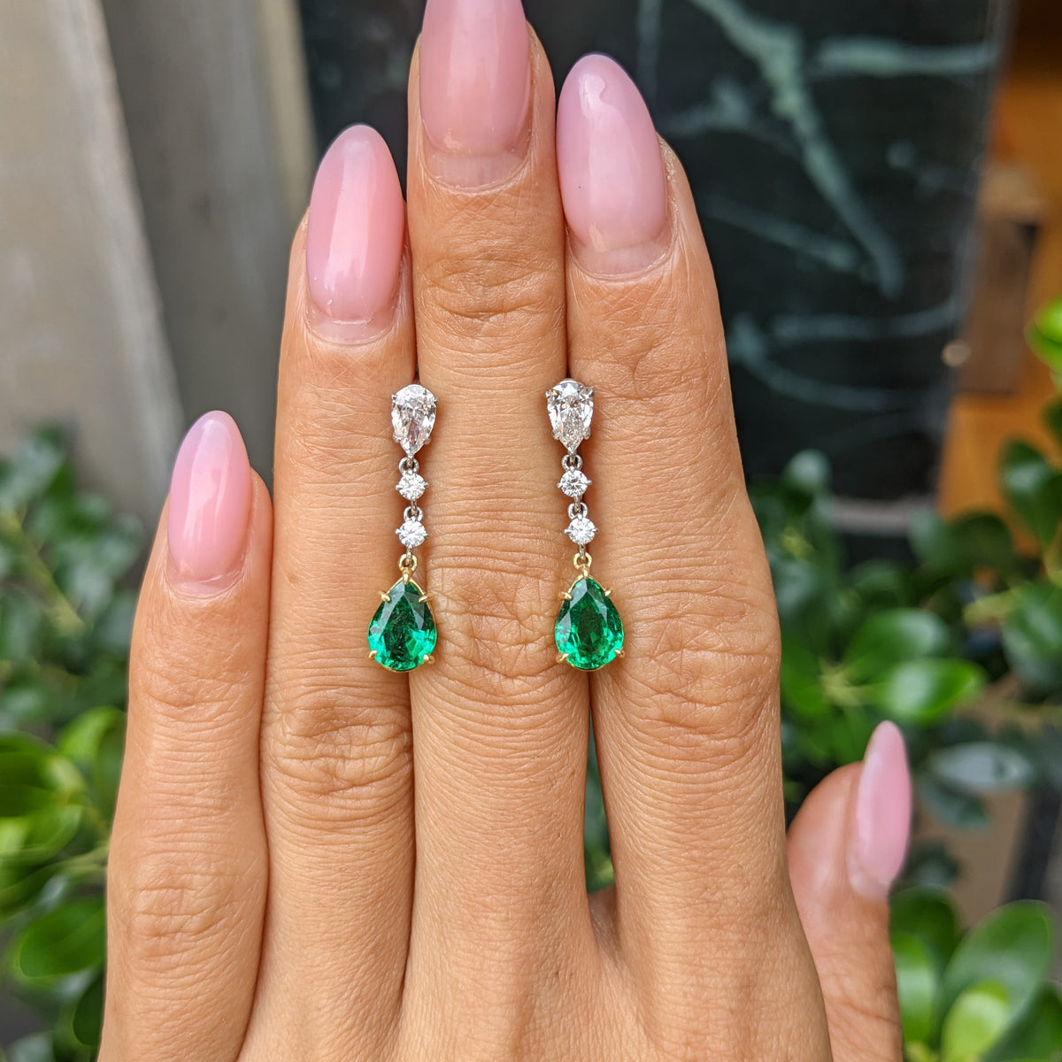 Emerald and Diamond Pear Shape Dangle Earrings