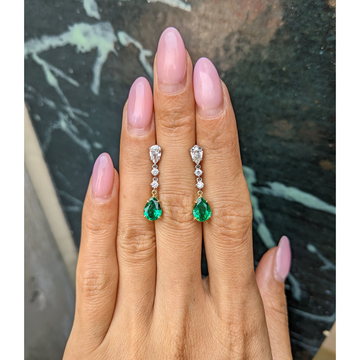 Emerald and Diamond Pear Shape Dangle Earrings