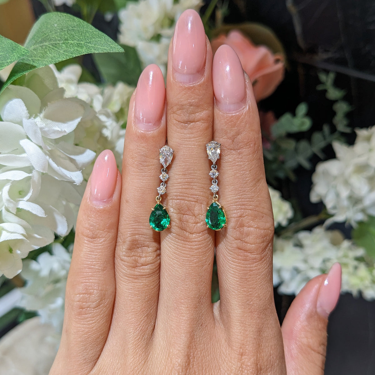 Emerald and Diamond Pear Shape Dangle Earrings