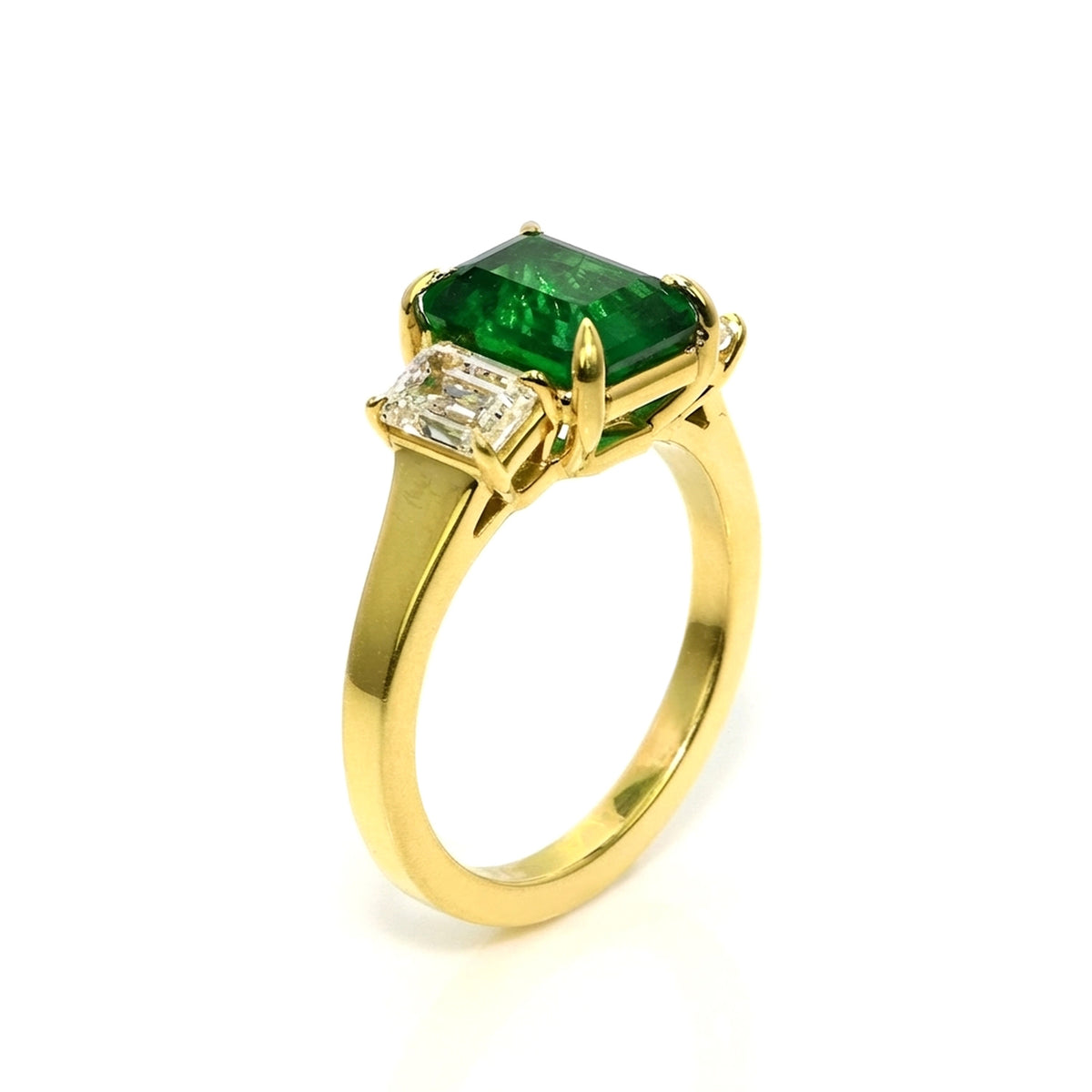 Emerald Cut 3 Stone Ring with Emerald and Diamonds