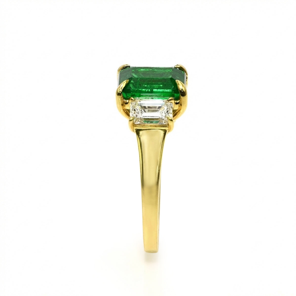 Emerald Cut 3 Stone Ring with Emerald and Diamonds