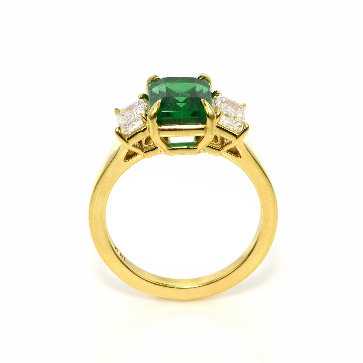 Emerald Cut 3 Stone Ring with Emerald and Diamonds
