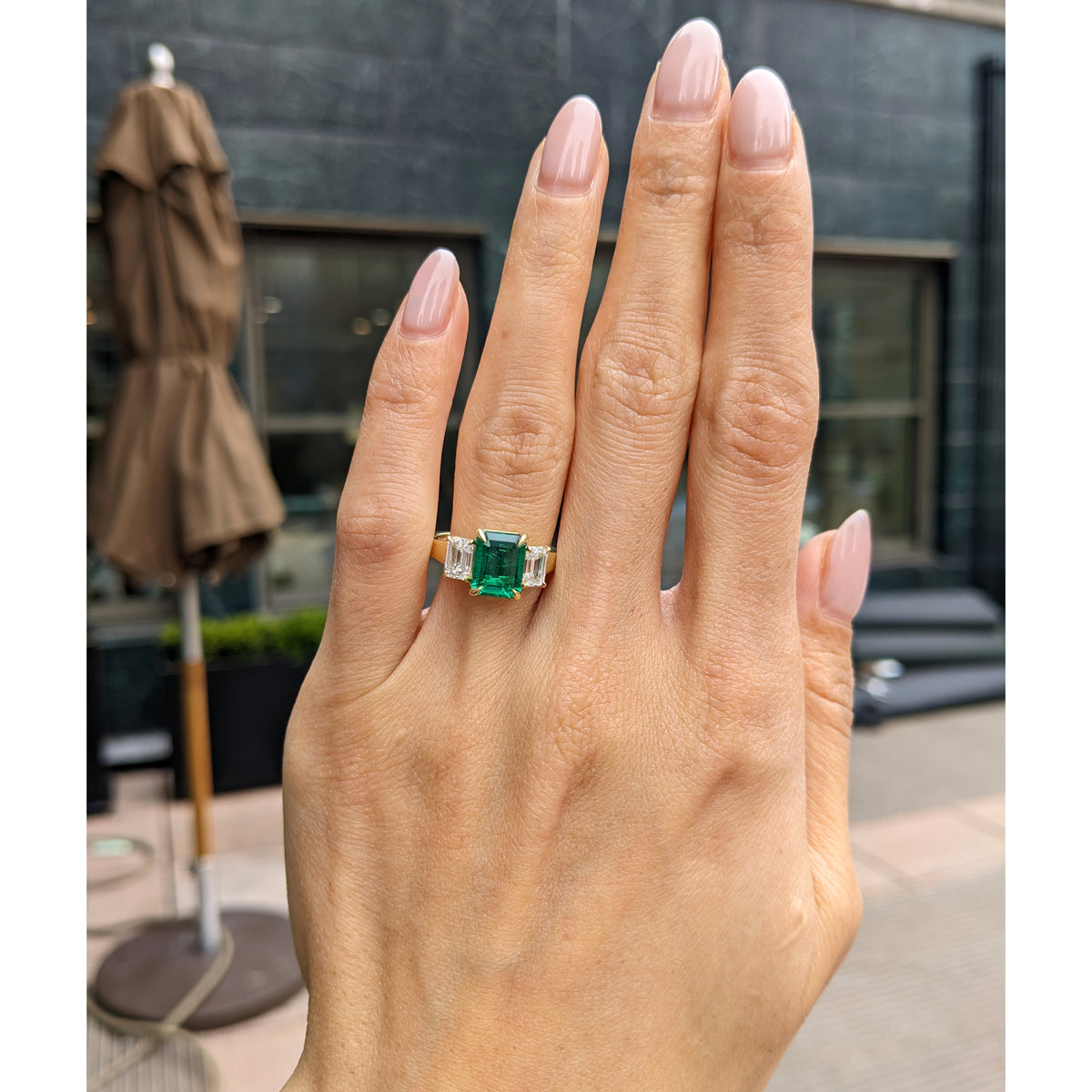 Emerald Cut 3 Stone Ring with Emerald and Diamonds
