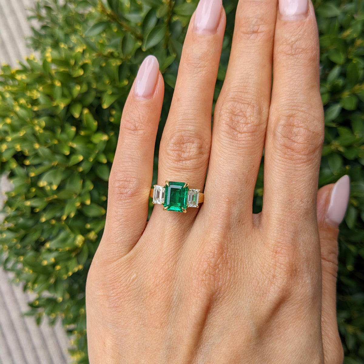 Emerald Cut 3 Stone Ring with Emerald and Diamonds