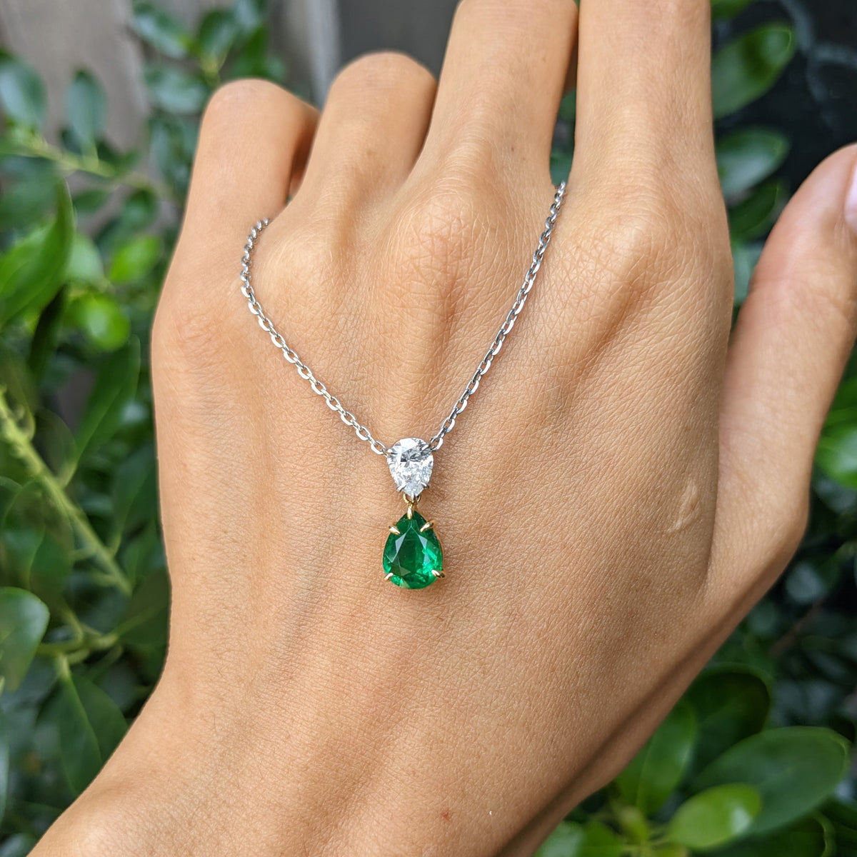 Pear Shape Emerald and Diamond Necklace
