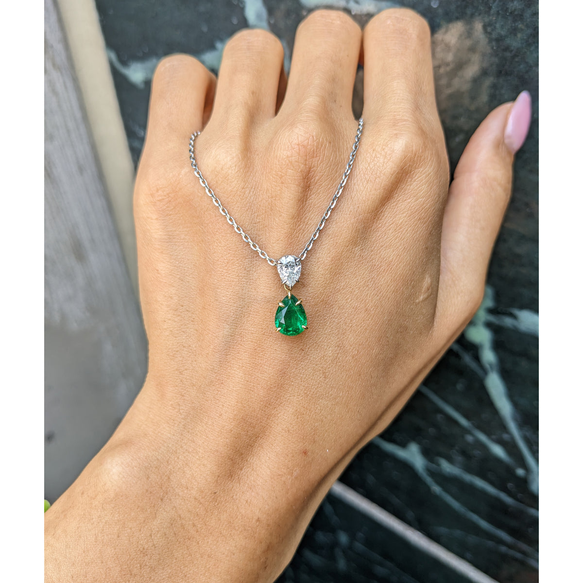Pear Shape Emerald and Diamond Necklace