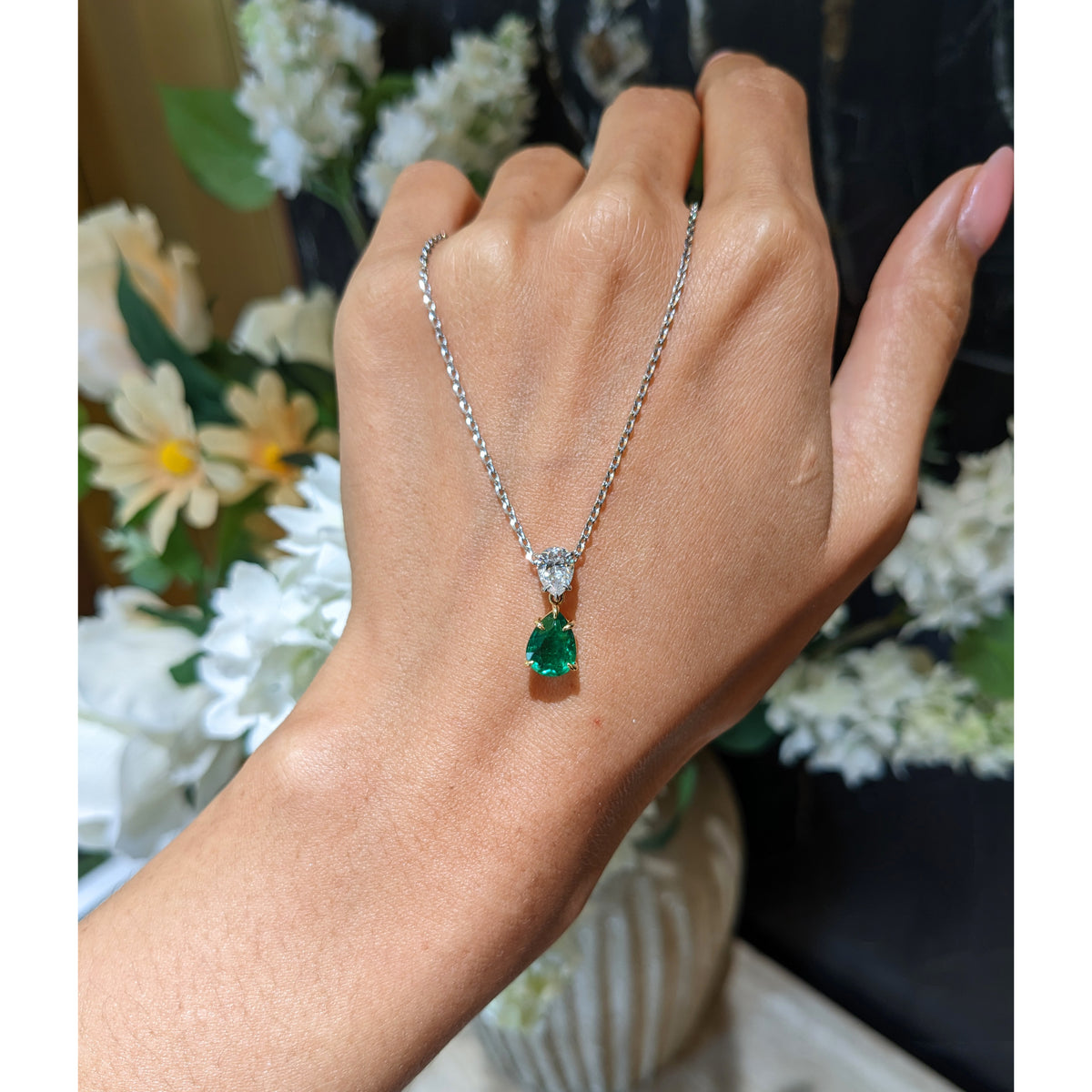 Pear Shape Emerald and Diamond Necklace